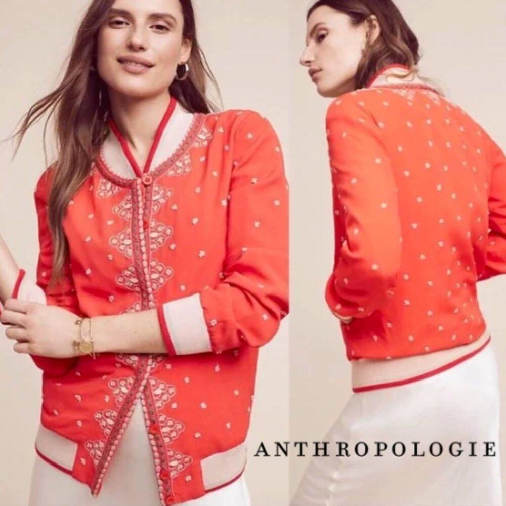Anthropologie Conditions Apply Arabella Embroidered Red Bomber Jacket XS X-Small